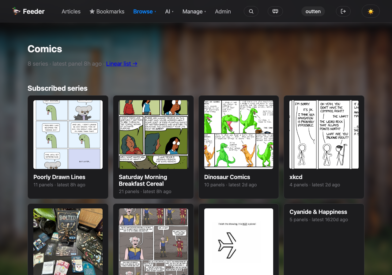 Comics page with subscribed series tiles showing the latest panel for each.