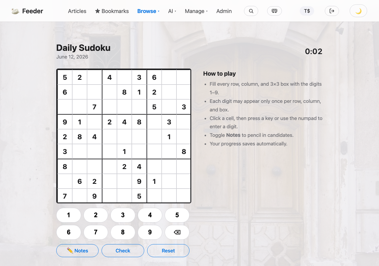 Daily Sudoku board with number pad and how-to-play panel.