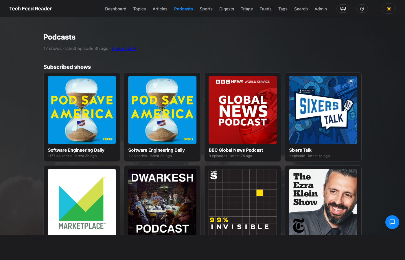 Podcasts page with subscribed shows and recent episodes.