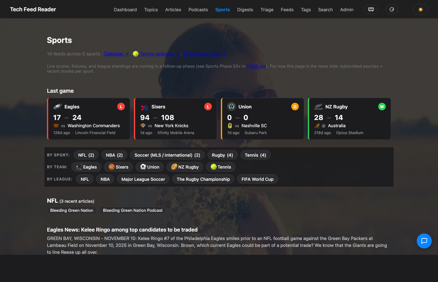 Sports landing page with score tiles and league sections.