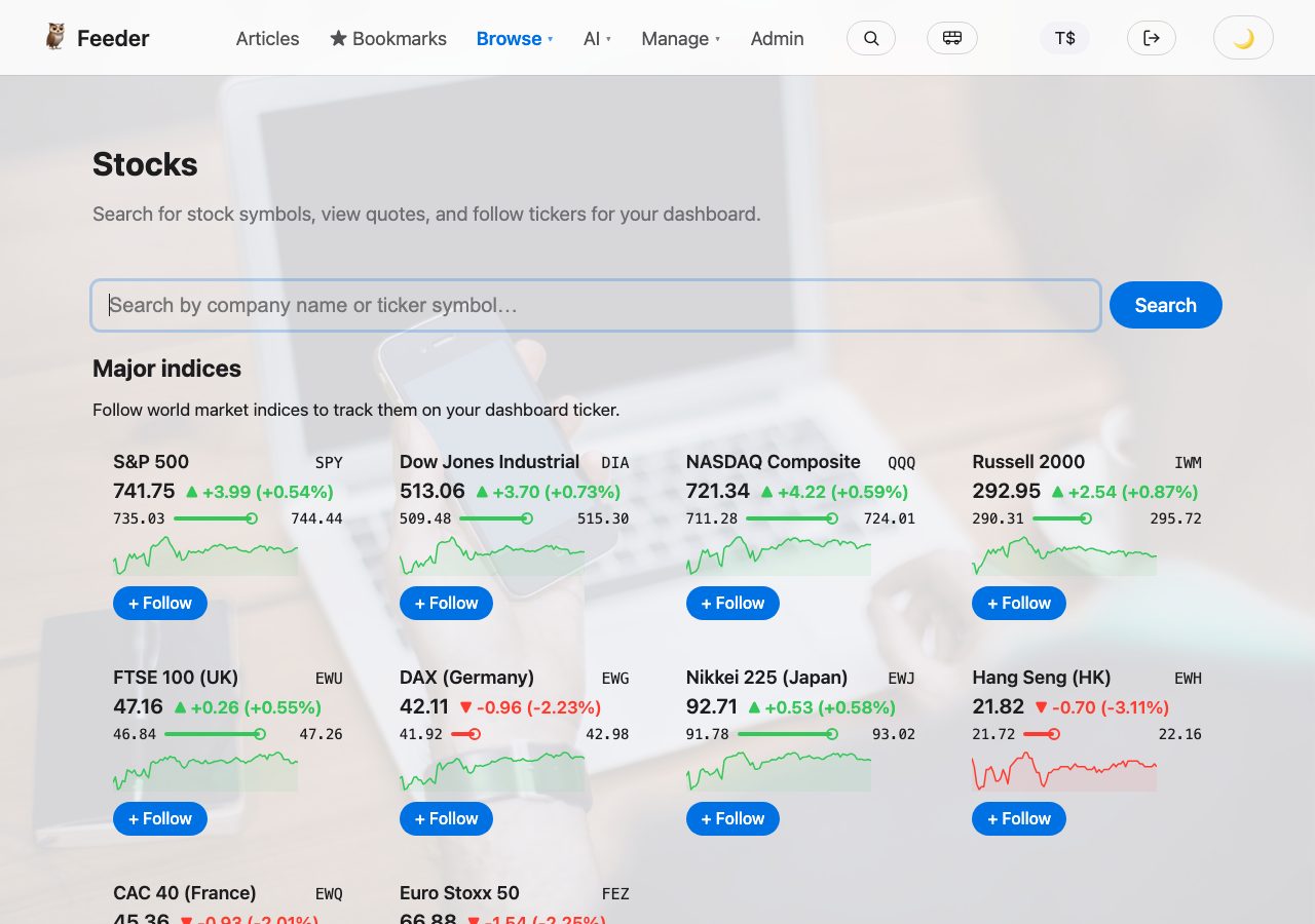 Stocks page with the major world indices grid and sparklines.
