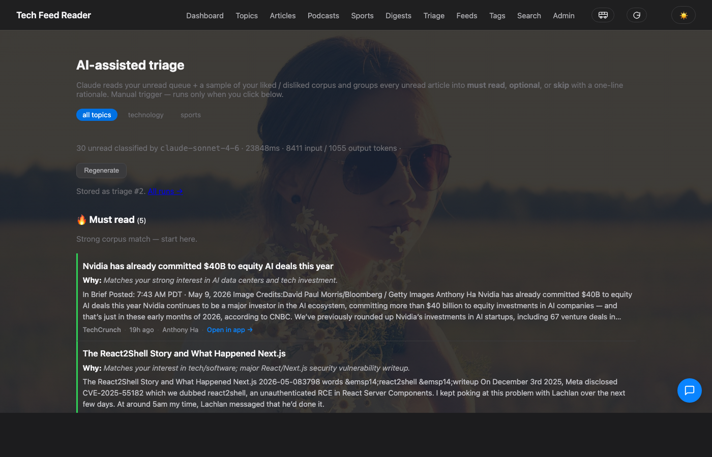 AI triage page showing Must read / Optional / Skip groups with rationale.
